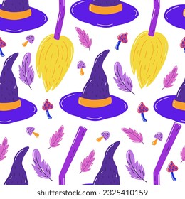 Halloween witch items hand-drawn seamless pattern