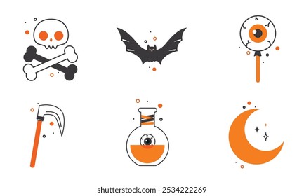 Halloween witch items like hat, broom, potion, Vector