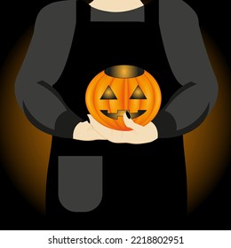 Halloween-Hexe mit einer Laternenjacke in der Hand auf Bluthintergrund. Kreatives, gruseliges Halloween-Konzept. Horrorbanner für Halloween-Party. 