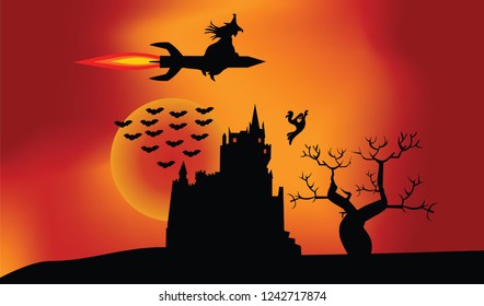 halloween. witch jet ride at night. vector