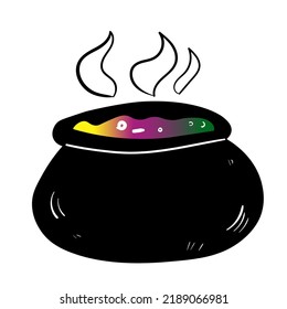 Halloween Witch Kettle. Vector Spooky Doodle Icon. Colourful Illustration On White Background.