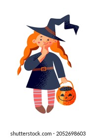 Halloween witch kid character vector illustration. Cartoon cute girl in witch hat with red hair holding scary mascot pumpkin treat in hand, fairytale holiday trick decoration isolated on white