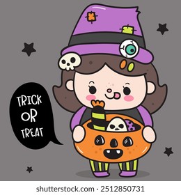 Halloween witch kid holding pumpkin candy jack o lantern. Series: Groovy Retro cartoon kawaii (trick or treaters) drawing Kids party holiday festival. Perfect makes a wish for background and shirt.