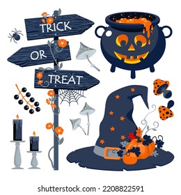 Halloween witch kit. Illustrated vector element set. 