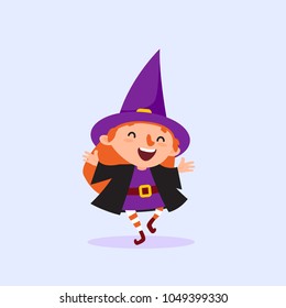 Halloween Witch laughing and dancing Girl in the witch costume having fun Cute character Isolated element from the set for a festive design and advertising Vector illustration