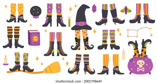 Halloween witch legs. Funny witch legs in striped socks and boots, witchcraft cauldron and hat vector set. Scary halloween witch legs. Illustration halloween stockings in shoes, legs striped in boots