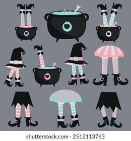 Halloween Witch Legs Vector, Pastel Halloween Witch In Cauldron, Witch Feet Illustration