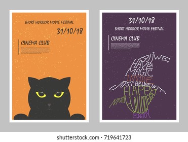 Halloween Witch lettering and black cat. Movie retro posters and flyers set. Vintage cinema promotional printing collection. Can be used for ad, banner, we design. Layout template in A4 size.