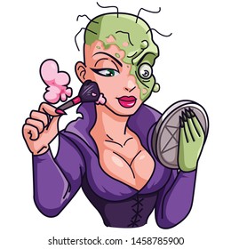 Halloween witch.The witch is looking in the mirror. Vector illustration in cartoon style. Isolated on white background.Vector illustration for Halloween.