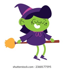 halloween witch with magic broom vector isolated