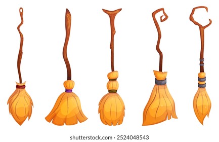 Halloween witch magic cartoon broom set. Besom collection isolated on white.