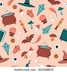 Halloween witch magic cute seamless pattern background. Vector illustration for fabric and gift wrap paper design.