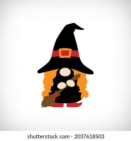 Halloween witch with magic hat and broom. Scandinavian Nordic Gnome. Autumn holidays gnomes for greeting card, halloween t shirt design, print, mug.