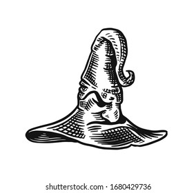 Halloween witch magic hat. Mythical clothes. Hand drawn engraved vintage sketch.