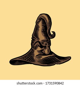 Halloween witch magic hat. Mythical clothes. Hand drawn engraved vintage sketch.