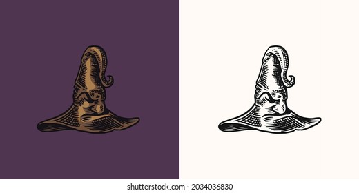 Halloween witch magic hat. Mythical clothes. Hand drawn engraved vintage sketch.