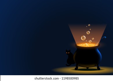 Halloween witch magic pot with light on space vector background