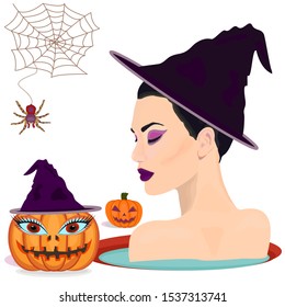 Halloween Witch with the magic scary Pumpkin vector,Halloween Witch with Pumpkin Beautiful young woman.
