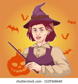 
Halloween Witch with magic wand. Orange background with bat and evil pumpkin