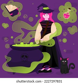 Halloween witch making green poison elixir. Her cat familiar looking at her and she uses magic to levitate a bookstall and ingredients