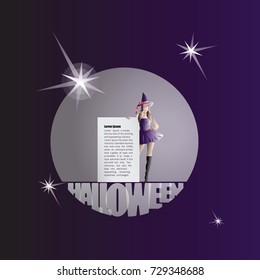 Halloween. Witch and message. Banner, poster, postcard. Design for congratulations, invitations to a festive evening with space for text.