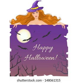 Halloween witch with message board and halloween background