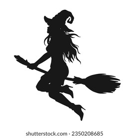 Halloween witch monochrome silhouette sticker with sorceress woman flying on broom from scary monster tales vector illustration