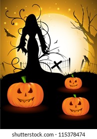 Halloween witch in the moon light night background with scary pumpkins. EPS 10.