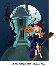 Halloween witch near the magic house