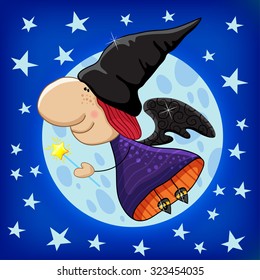 Halloween  Witch at night. Vector illustration. 