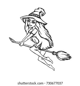 Halloween witch. Halloween object design isolated element on white background. Hand drawn vector sketch doodle graphic illustration. Halloween party, holiday, cloth, print, icon,logo,paper,decor.