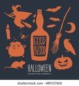 Halloween. Witch Objects. Set of decorative elements to decorate the posters and greeting card.