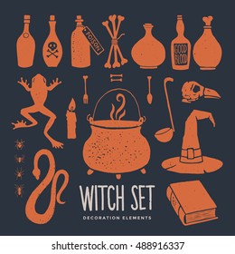 Halloween. Witch Objects. Witchcraft and magic. Set of decorative elements to decorate the posters and greeting card.