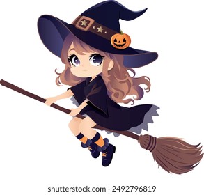 Halloween witch on a broom in anime style