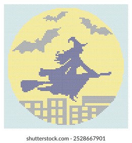 Halloween. Witch on a broom and bats over the night city. Illustration, imitation of knitted fabric. Can be used to create patterns, backgrounds, covers, souvenirs, textiles, clothes.