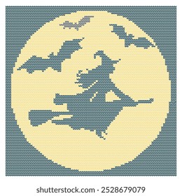 Halloween. Witch on a broom and bats over the night city. Illustration, imitation of knitted fabric. Can be used to create patterns, backgrounds, covers, souvenirs, textiles, clothes.