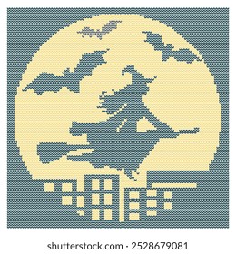 Halloween. Witch on a broom and bats over the night city. Illustration, imitation of knitted fabric. Can be used to create patterns, backgrounds, covers, souvenirs, textiles, clothes.