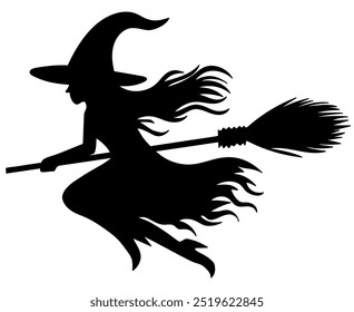 Halloween witch on a broom black silhouette isolated on white background