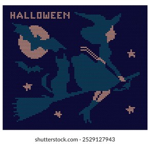 Halloween. Witch on a broom with a cat, bats, stars and the moon. Imitation of knitted fabric. Can be used to create patterns, backgrounds, covers, textiles, clothing, souvenirs.