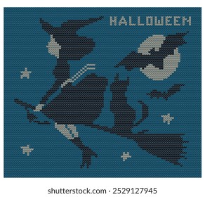 Halloween. Witch on a broom with a cat, bats, stars and the moon. Imitation of knitted fabric. Can be used to create patterns, backgrounds, covers, textiles, clothing, souvenirs.