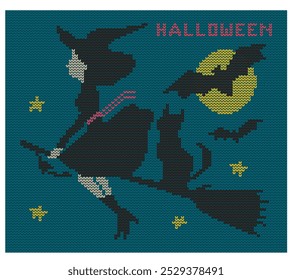 Halloween. Witch on a broom with a cat, bats, stars and the moon. Imitation of knitted fabric. Can be used to create patterns, backgrounds, covers, textiles, clothing, souvenirs.