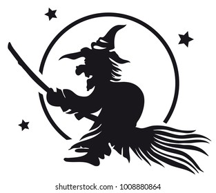 Halloween witch on a broom. Full moon.