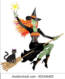 Halloween witch on a broom with her black cat testing her sorceress skills