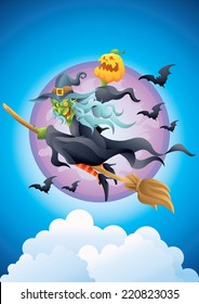 halloween witch on broom holding pumpkin in the sky