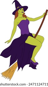 Halloween witch on broom illustration, Happy Halloween