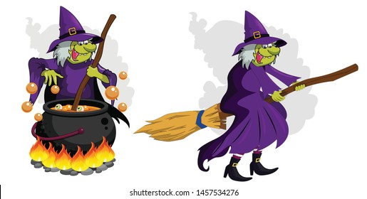 Halloween Witch On Broom and Pot