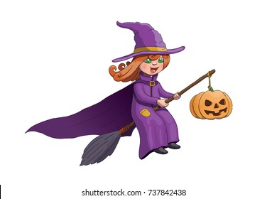 Halloween Witch on Broom With Pumpkin. Vector Illustration