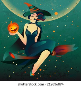 Halloween witch on a broomstick