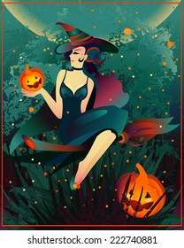 Halloween witch on a broomstick