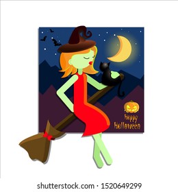 Halloween witch on a broomstick black cat kiss orange pumpkin lettering pumpkin moon night stars magic